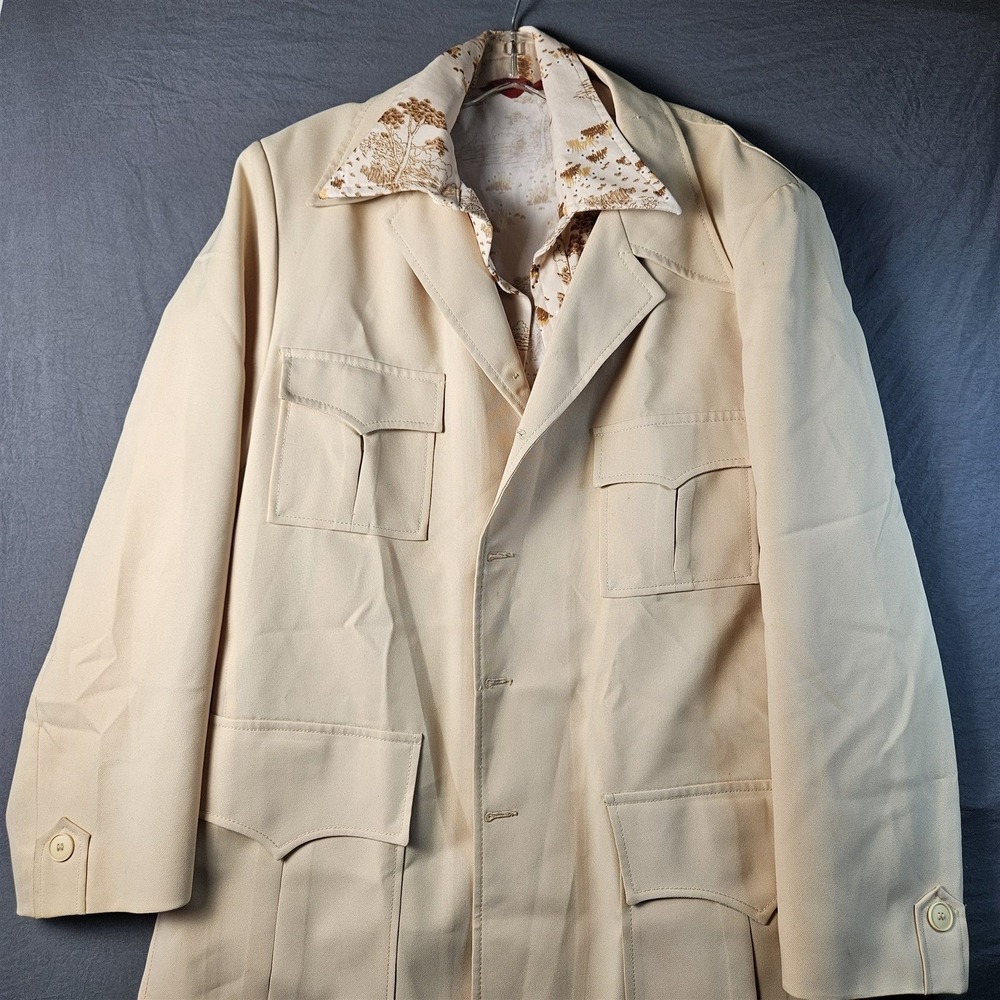 Vintage 70s George Richards Cream Leisure Suit 50 Jacket Pants Shirt 3pc Set